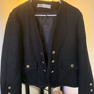 Zara Women's Black Textured Blazer with Gold Buttons